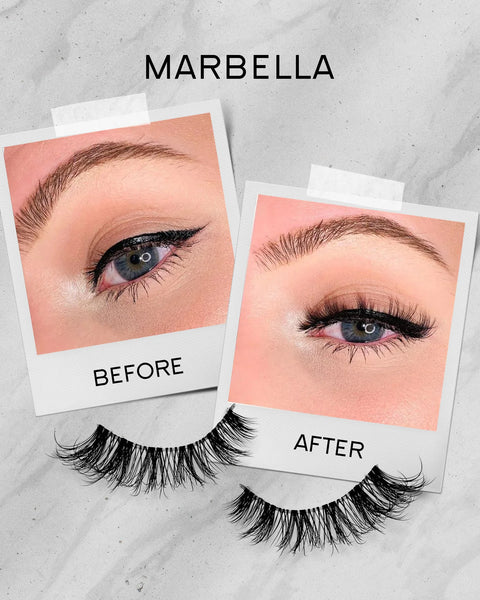 'Marbella' Strip Faux Mink Eyelashes (Non-Magnetic) - Clear Band Wispies Set Before and After