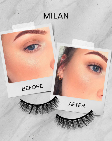 'Milan' Strip Eyelashes (Non Magnetic) Light & Natural Set Before and After